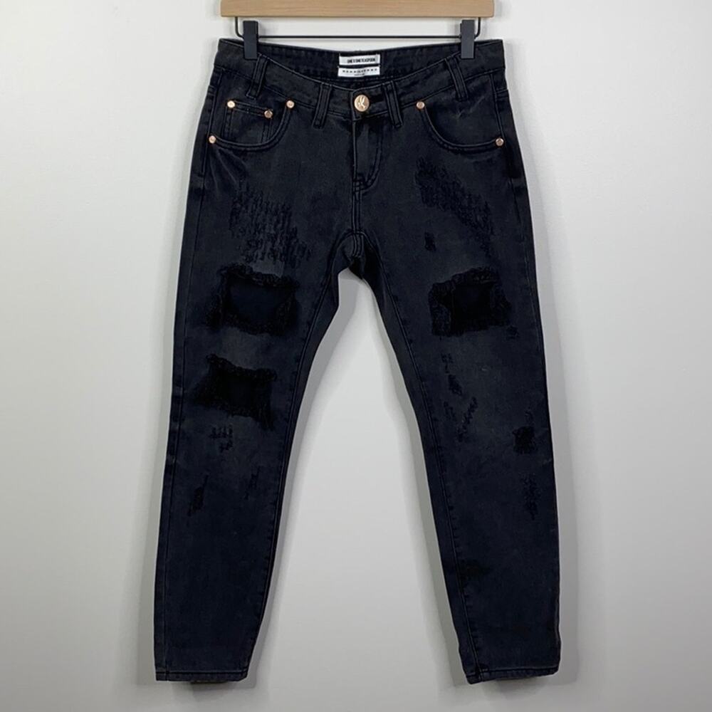 One Teaspoon Freebird Basalt Black Distressed Skinny Jeans 26 Low Rise Ankle Zip